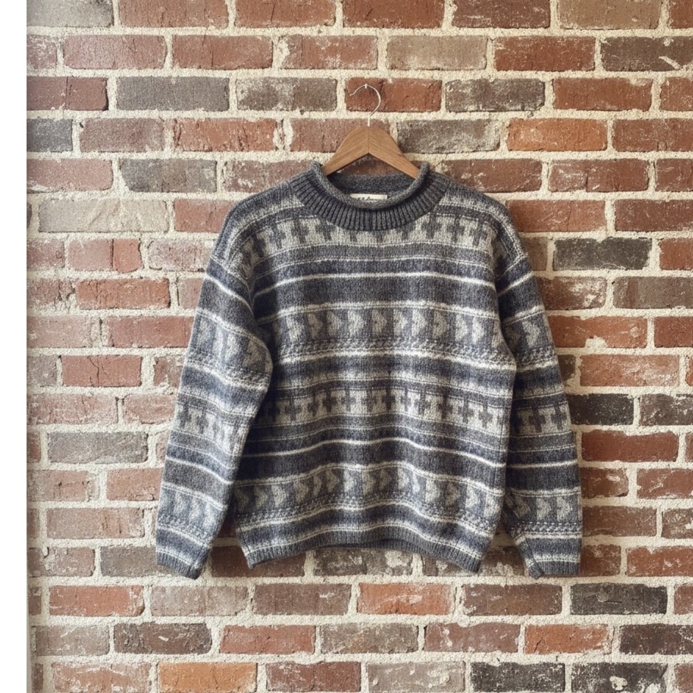 Eddie Bauer 🖤🤑🩶Vintage chunky Wool Blend Fair Isle Crewneck Sweater USA-M - Picture 1 of 6